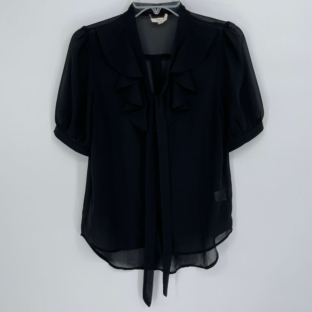 Tea n Rose Women's Black Ruffle Tie Neck Sheer Short Sleeve Blouse Size Medium